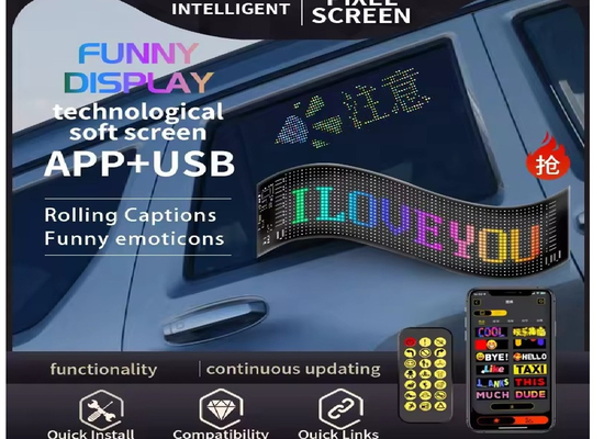 APP การควบคุม สกรีน LED แบบยืดหยุ่น เลื่อนข้อความตามสั่ง ใบแสดงผลการแสดงไฟฟ้า LED ดิจิตอลสําหรับรถ